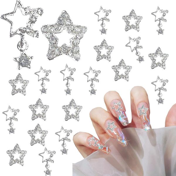 20 Pcs Star Nail Charms for Acrylic Nails, 3D Silver Stars Nail Rhinestones Nail Gems Jewels Pentagram, Shiny Crystal Star Nail Art Charms, 3D Nail Art Supplies, Nail Gems for Nails Designs