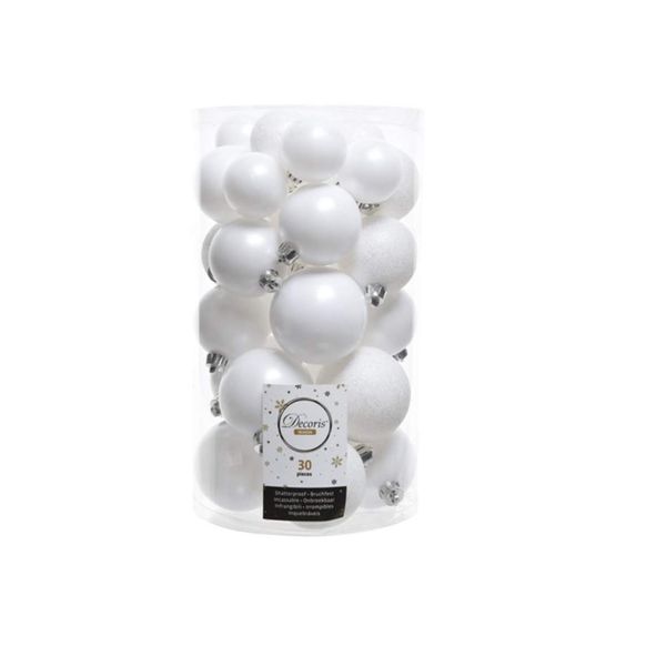 Pack of 30 Assorted Shatterproof Christmas Tree Bauble Decorations - Winter White