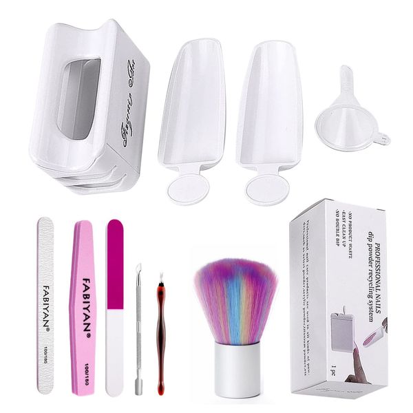 Nail Dip Dipping Powder Recycling Tray System 10 Pieces Nail Dip Powder Container Nail Art Dust Remover Nail File Cuticle Push Set