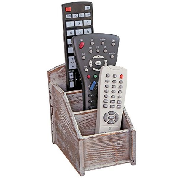 MyGift Rustic Torched Wood Remote Control Holder for Table, 3 Slot Multipurpose Organizer Storage Caddy