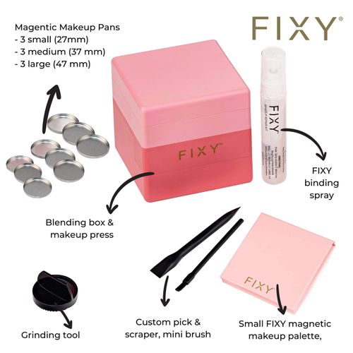 FIXY Makeup Repair Kit - Makeup Set with Eyeshadow Pressing Tool | Fix, Depot Blush & Highlighter | Magnetic Makeup Palette Empty with Mirror & Pans | Makeup Artist Must Haves