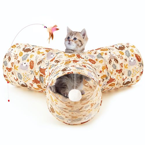 Tempcore Pet Cat Tunnel Tube Cat Toys 3 Way Collapsible, Cat Tunnels for Indoor Cats，Kitty Tunnel Bored Pet Toys Peek Hole Toy Ball Puppy, Kitty, Kitten, Rabbit Beige Deer