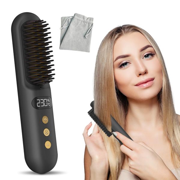 Cordless Hair Straightener Brush, 10000mAh Portable Heated Straightening Comb for Travel, Mini Negative Ion Hair Straightener Brush USB Rechargeable for Women, Wider Comb for Even Straightening