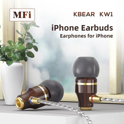 EZ EAR KBEAR Wooden Light-ning Earbuds, A-pple Earbuds for iPhone wtih Connector, [MFi Certified] Headphones for iPhone with Microphone Controller, Compatible All A-pple Light-ning Devices, Brown