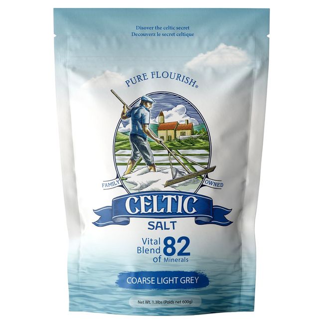 Pure Flourish Celtic Salt - 600g | 100% Organic Unrefined Celtic Salt | Rich in 82+ Essential Minerals | Hand Harvested Light Grey Celtic Salt Crystals from France