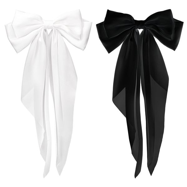 Silky Satin Hair Bows, 2 PCS Big Black Bow and White Bow Set Bowknot Metal Spring Clip Oversized Long Tail Hair Ribbons Ponytail Holder French Barrettes Hair Accessories for Women, Christmas Gifts