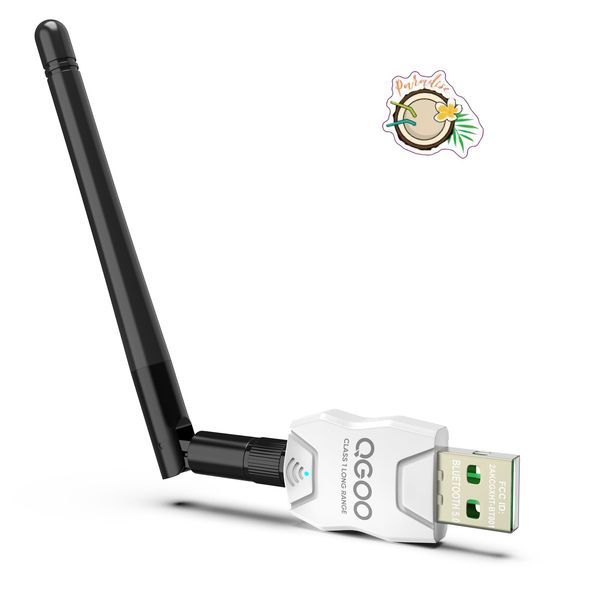 Class 1 Long Range Bluetooth Adapter for PC, QGOO USB Bluetooth Adapter for PC 5.3+EDR, Bluetooth Dongle Bluetooth Receiver Support Windows10/8.1/8/7（white-164）