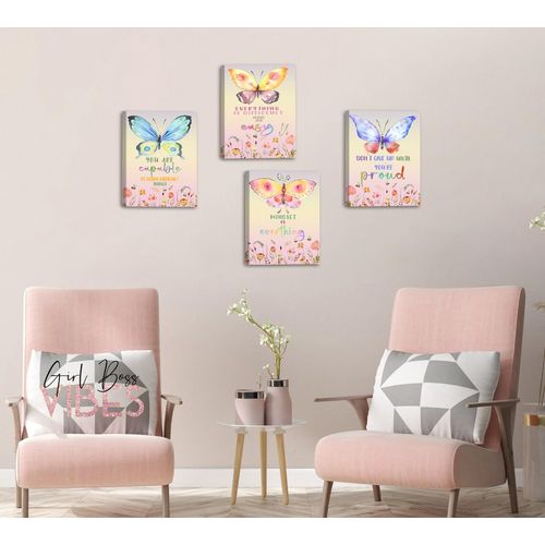 DXOAGXQ Watercolor Butterfly Inspirational Quote Wall Art, Set of 4 (8x10 In, Framed Canvas Prints), Modern Butterfly Wall Art for Bedroom, Living Room, Office