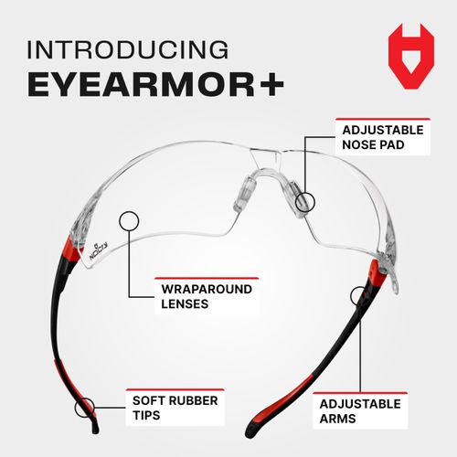 NoCry Clear Safety Glasses for Work with Anti Fog Scratch Resistant Wrap-Around Lenses and Non-Slip Grips, UV Protection. Adjustable Eye Protection Cycling and Squash Glasses with Black & Red Frames