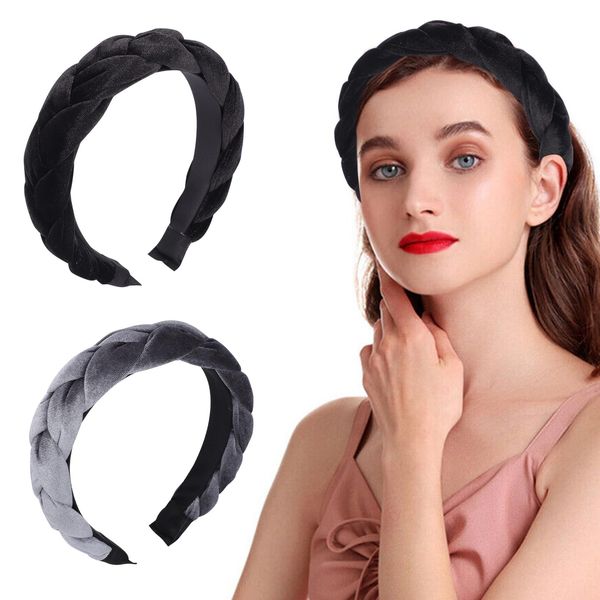 2PCS Women Velvet Headband Braided Hairband Headband Wide Hairband Vintage Padded Hairband Hair Accessories Rockabilly Headband for Women and Girls (Black+Grey)