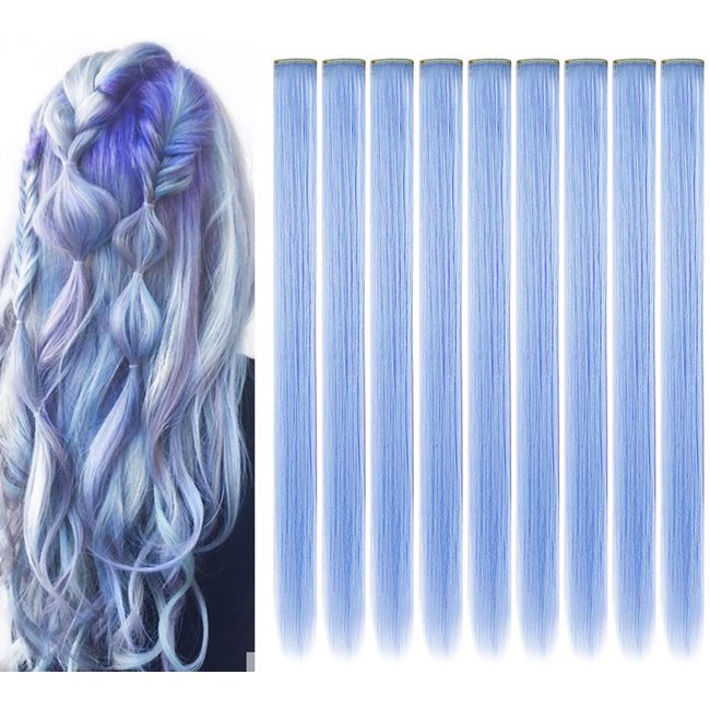 MQY COLOR 9 PCS 21 inch coloured hair accessories, wig parts, clip in coloured hair extensions for girls, highlights, synthetic, long, straight, colourful hairpieces for children, women, light blue
