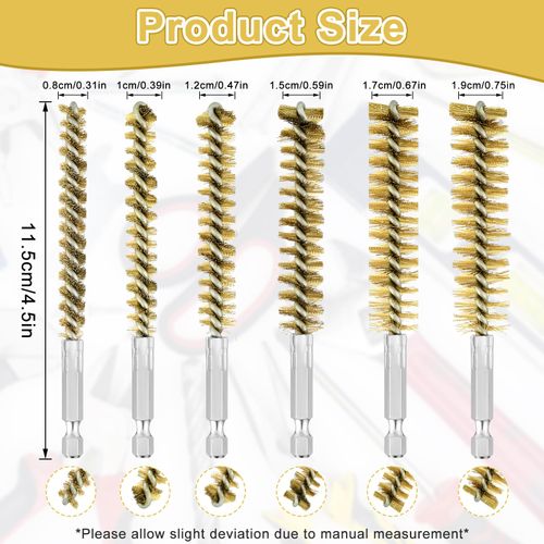 Aster Bore Brush Set, 6 Pieces Stainless Steel Bore Brush Bristles wire brush for drill Washing Polishing Tools with 1/4 inch Hex Shank Handle for Cleaning Rust, Auto, Corrosion, Tubes Holes(Copper)