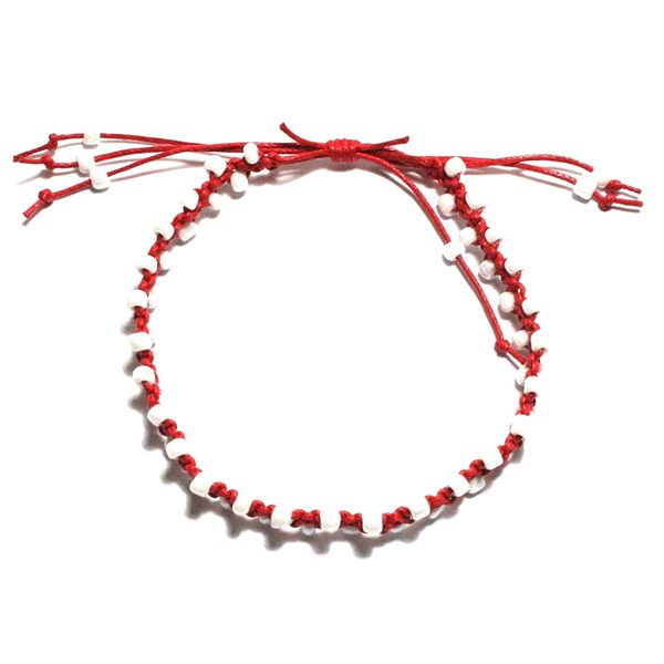 Handmade Red Cotton Macrame and Pearl White Seed Bead Adjustable Anklet