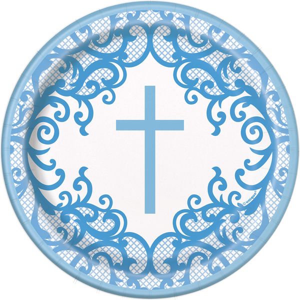 Unique 74794EU Eco-Friendly Paper Plates-18 cm-Fancy Blue Cross Religious Party-8 Count (Pack of 1), Multicolour