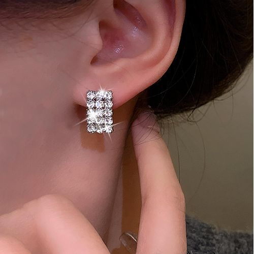 Sttiafay Vintage Rhinestone Square Earrings Square Crystal Earrings Silver Geometry Square Stud Earrings Sparkly Cz Bridal Earrings Jewelry for Women and Girls