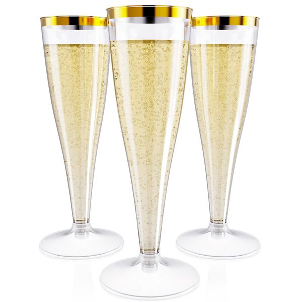 JOLLY CHEF 36 Count Plastic Champagne Flutes 4.5 oz Gold Rim Clear Disposable Toasting Glasses