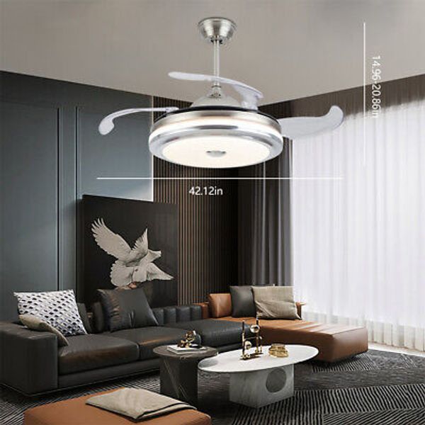 42" Invisible Ceiling Fan Light LED Chandelier Dimmable Retractable Blade+Remote