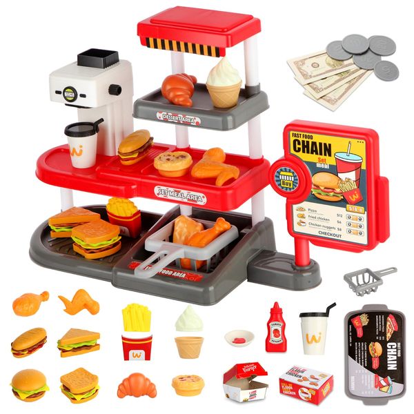 71pcs Pretend Play Fast Food Toys - Cash Registerfor Kids,Perfect Mini Toy Food Set for Kids Kitchen,Play Food for Kids Ages 3 4 5 6 7 8 Boys and Girls (Red)