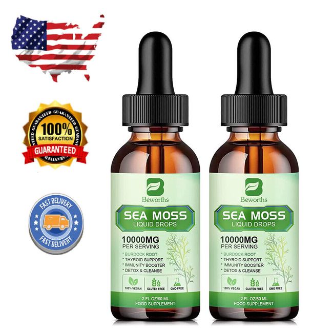 2 Bottles Sea Moss Liquid Drops With Bladderwrack & Burdock Root,Thyroid Support