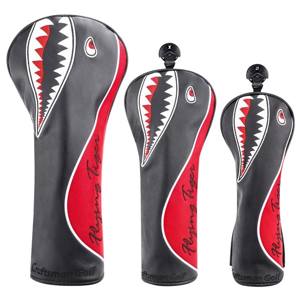 Craftsman Golf Shark Black and Red Driver Fairway Wood Rescue Hybrid Blade Putter Cover Headcover (3pcs (Driver+Wood+Hybrid))