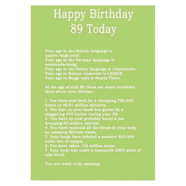 Age 89 Body Facts Birthday Card