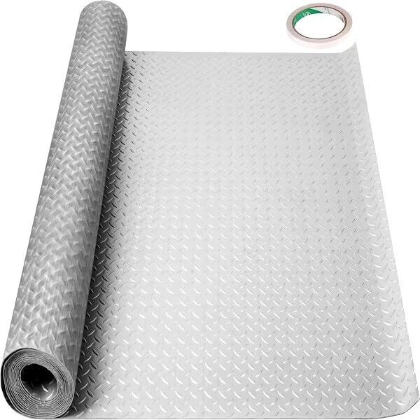 Garage Floor Mat 4.9ft. W x 13ft. L Vinyl Roll Anti-Slide Diamond Texture Silver