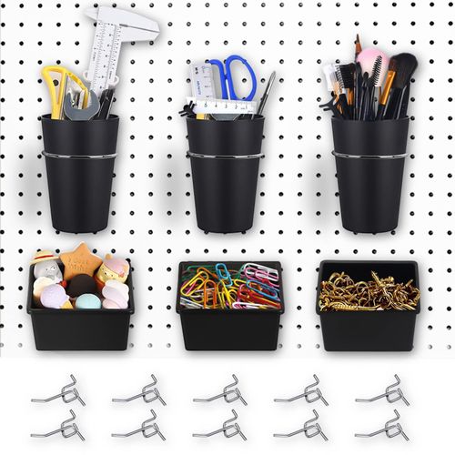 CIOUYAOS 6 Sets of Perforated Wall Accessories Pegboard Box Cup with Hooks and 10 Rings Pegboard Tool Rack Tools Organiser Storage for Garage Workbench Hobby Craft Room Home Office Kitchen Accessories