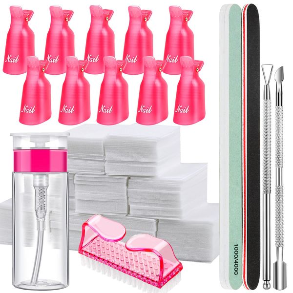 FANDAMEI Gel Nail Polish Remover Tool Kit - Gel Nail Remover Clips with Pump Bottle Dispenser & 500pcs Lint Free Nail Wipes, Acrylic Nail Remover Kit with Cuticle Pusher Nail Clips Removing Gel Polish