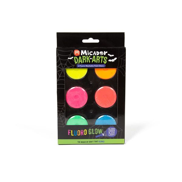 Micador Dark Arts Neon Glow Washable Paint Discs, 6-Color Set - Kids tempera painting with highly vibrant neon colors - Glows under blacklight - Ages 3+