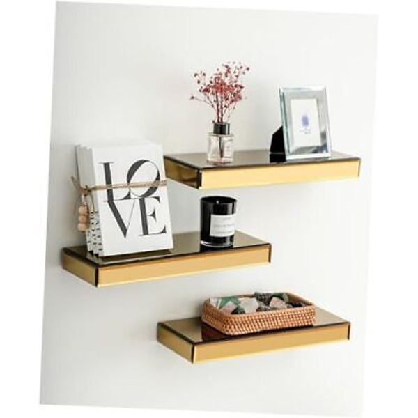 Glass Floating Shelves Set of 3 Mirrored Wall Mounted Shelves for Wall Gold