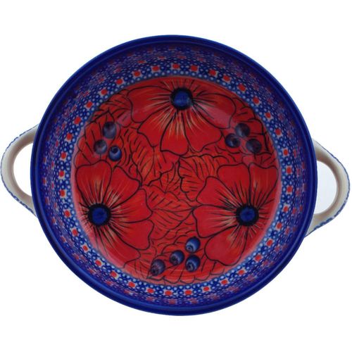 Authentic Polish Pottery Round Baker with Handles Signature UNIKAT in Red Hot Summer Design Handmade in Bolesławiec Poland + Certificate of Authenticity