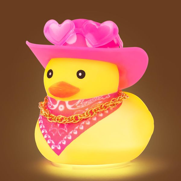 wonuu Cute Yellow Rubber Duck with Light Glowing Rubber Ducks with Pink Heart-Shaped Sunglasses Bandana Gold Chain Cowboy Hat, Dot White