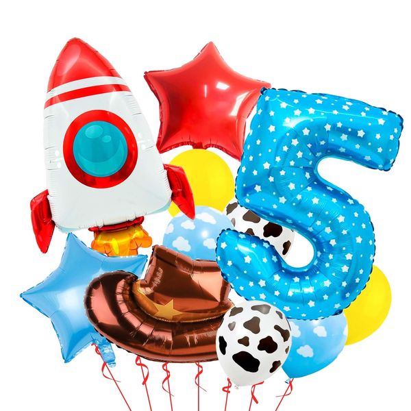 Toy Themed Number 5 Balloon, Happy Birthday Balloon, Colorful Balloons with Rocket Balloon and Cowboy Hat Balloon, Rainbow Balloons for Kids Birthday Party (5)