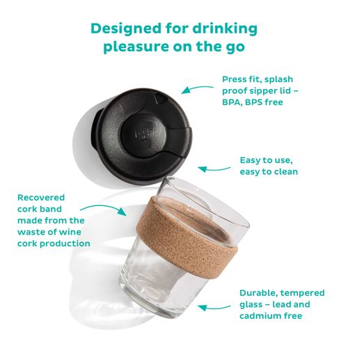 KeepCup Reusable Tempered Glass Coffee Cup | Travel Mug with Splash proof Lid, Brew Cork Band, Lightweight, BPA Free | Large | 16oz / 454ml | Press