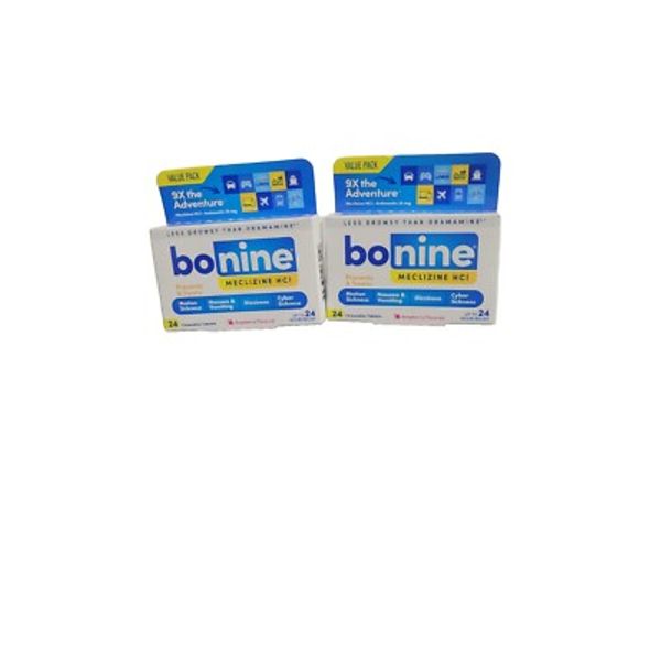 2x bonine for motion sickness Meclizine, 16 raspberry chewable tablets