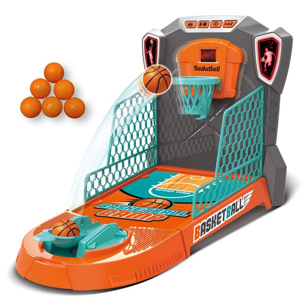 KUARLUBI Basketball Shooting Game Toy, Desktop Table Basketball Games Set with Basketball Court, Move Basket, Light and Score Fun Sports Novelty Toy for Birthday Gifts