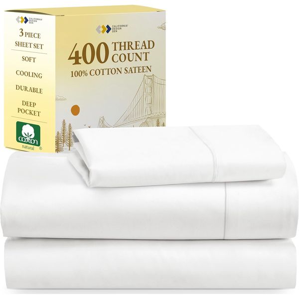 100% Cotton Twin XL Sheets Set, 400 Thread Count Sateen Bedding for Dorm Rooms &