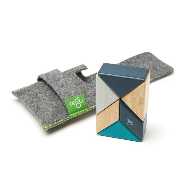 6 Piece Tegu Pocket Pouch Prism Magnetic Wooden Block Set, Blues