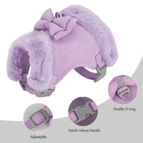 Didog Cute Small Dog Harness and Leash Set, Winter Warm Dog Harness with Bow Tie, Adjustable Soft Padded Puppy Vest with Removable Plush Collar for XS Small Sized Dogs (Purple, S)