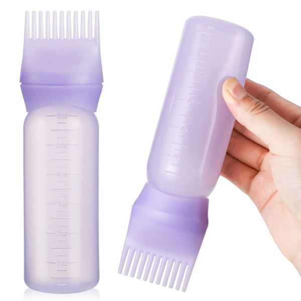 Pimoys Root Comb Applicator Bottle 6 Ounce, Oil Applicator for Hair Dye, Hair Oiling Bottle Brush with Graduated Scale, Purple