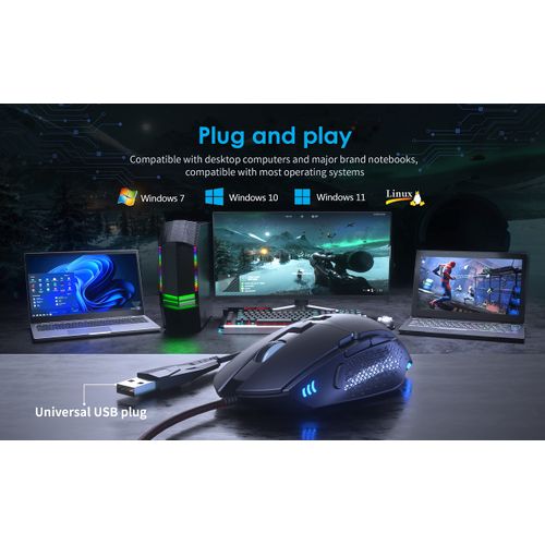 C303 Gaming Mouse Wired, LED Light Computer Ergonomic Mice with 8 Silent Click Programmable Buttons, 6 Adjustable 7200 DPI Gamer USB Wired Mouse for Laptop, PC, Mac