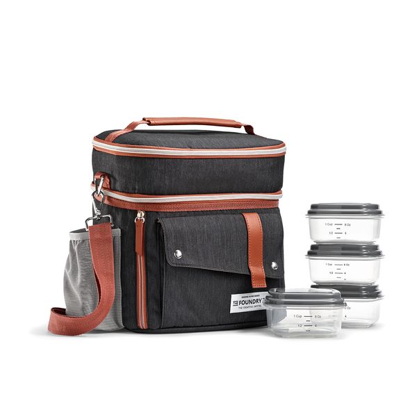 Fit & Fresh Foundry, Wickenden Dual-Compartment Insulated Lunch Bag with Carry Strap & Side Pouch, Complete Lunch Kit Includes 4 Containers, Black