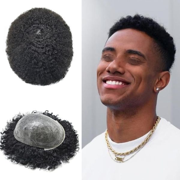 Hair Units for Black Men Full Poly Skin Kinky Curly African American Men's Hair System Afro Toupee 100% Brazilian Human Hair Pieces for Black Men Wig 8x10 inch 1# JET BLACK 6mm afro wave