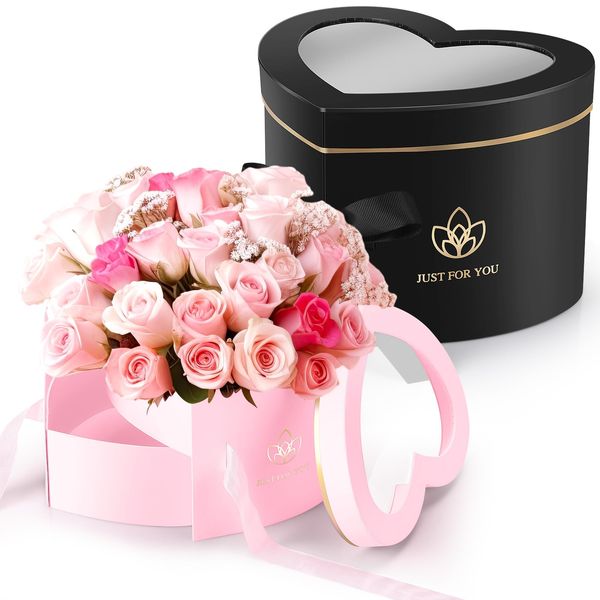 Outus 2 Pcs Heart Shaped Flower Box Mother's Day Gift Box Double Layers Rotating Floral Box with Lid for Gift Flower Arrangement Packaging Graduation Birthday, 9 x 8 x 6.5 Inch(White, Black)