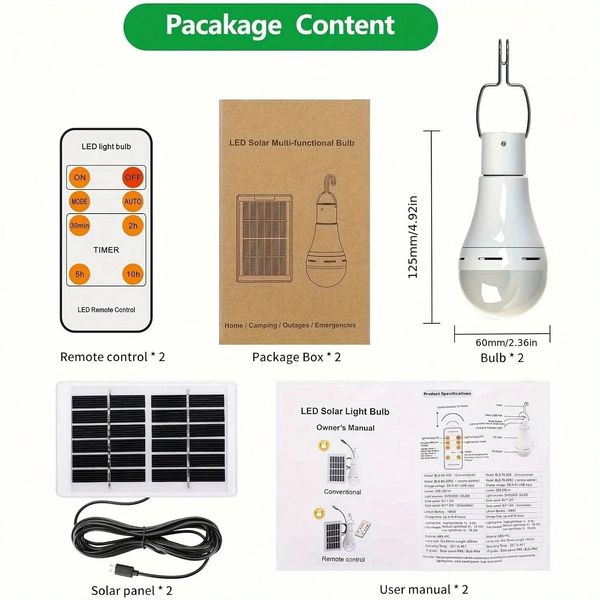 2Pcs Chicken Coop Solar Light Bulb Rechargeable With Remote Timer 4Lighting Mode