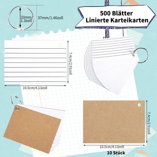 Pack of 500 A7 Index Cards, Vocabulary Cards, Flashcards, Flashcards, Flashcards, White Lined Index Card with Ring Dividers for Vocabulary Learning Notes School Office Home