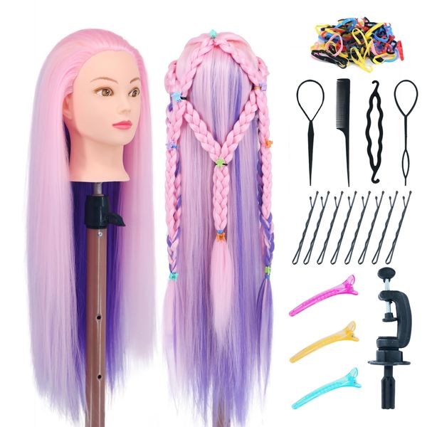 Mannequin Head with Hair, Eumos 29'' Doll Head for Hair Styling Training Head Manikin Practice Cosmetology Doll Head Styling Hairdressing Training Braiding Heads with Clamp Holder (Pink Purple)