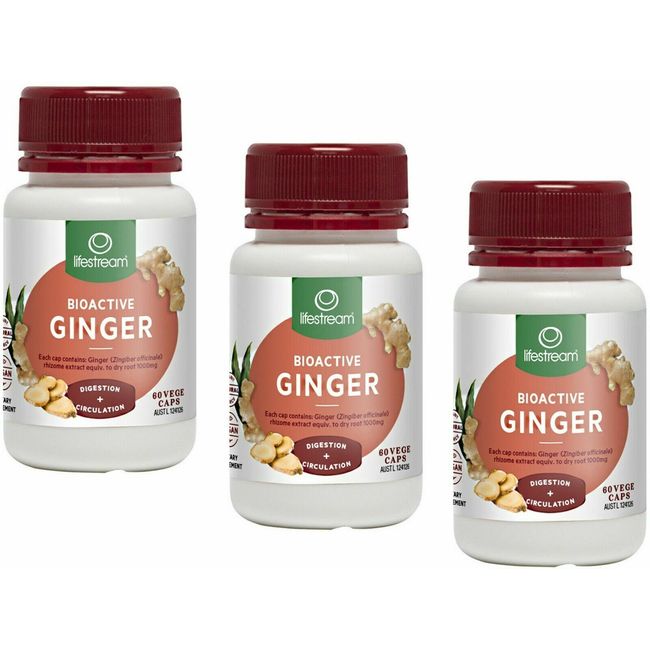 3 x Lifestream Bioactive Ginger 1000mg Vege Capsules 60 - made in NZ