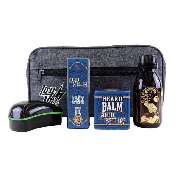 HEY JOE! Bearded Survival Kit Deluxe Nº 3 Acid Melon | Bartpflege Set für Männer Hochwertig [ Bartöl + Bart Balsam + Bartshampoo + Bartbürste ] - Geschenk Kulturbeutel Inklusive