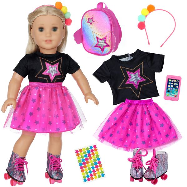 18 Inch Girl Doll Clothes and Accessories, Including Dress, Bag, Skating Shoes, Headband, Mobile Phone, Fit 18 inch Doll (Not Include Doll)